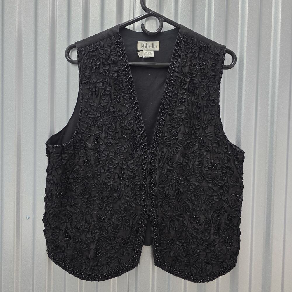 Vintage Silk 100% Black Beaded Embroidered Women Top Vest Size M Rafaella